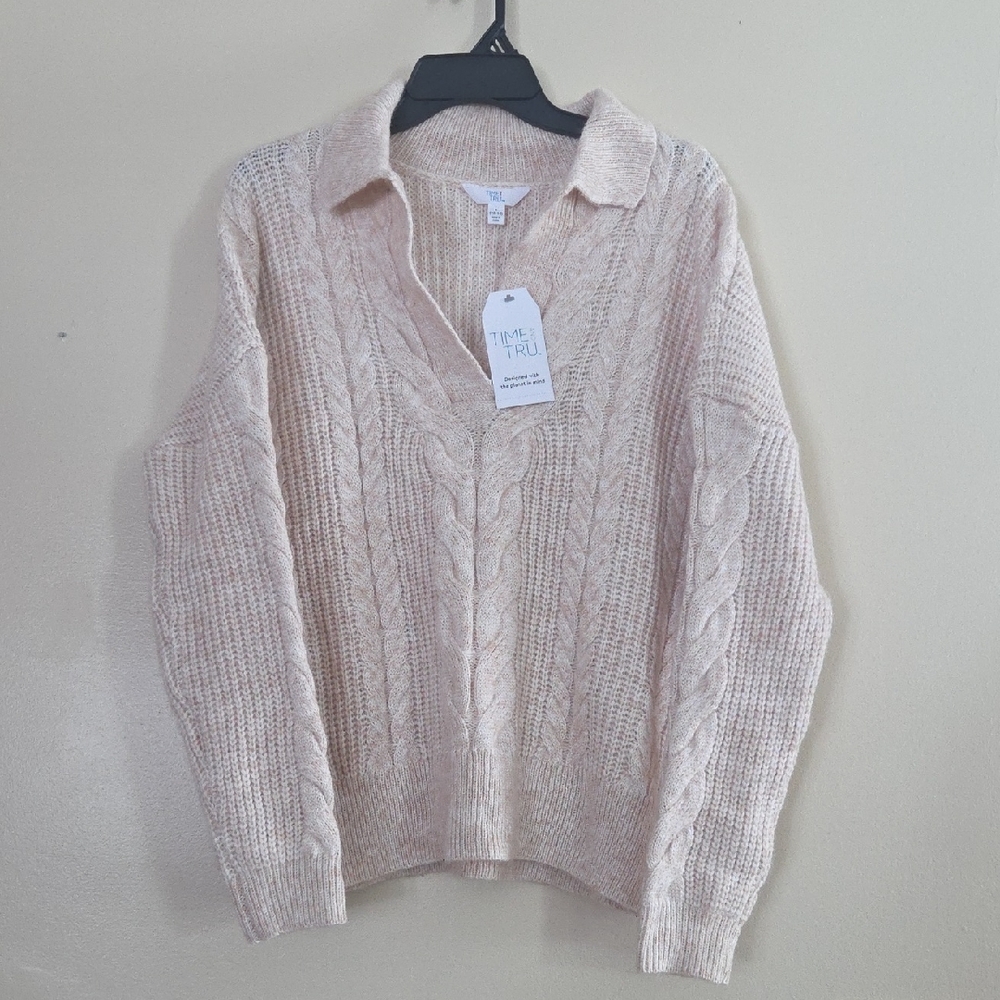 NWT Womens Beige Cable Knit Thick Chunky Polo Sweater Warm Cozy Comfy Size Large